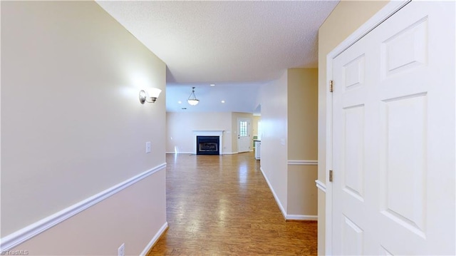 hall with a textured ceiling and hardwood / wood-style flooring