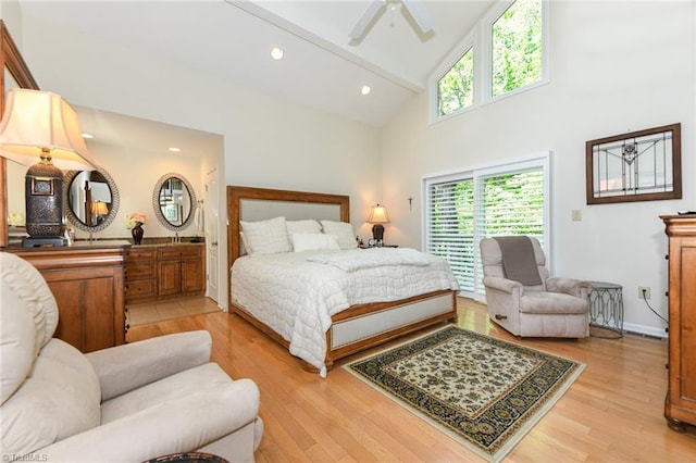 8009 Willow Glen Trl, Greensboro, NC 27455 - bedroom with high vaulted ceiling, light wood-style flooring, a ceiling fan, recessed lighting, and beamed ceiling