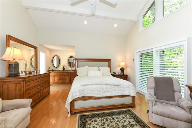 8009 Willow Glen Trl, Greensboro, NC 27455 - bedroom with light wood finished floors, high vaulted ceiling, ceiling fan, recessed lighting, and beamed ceiling
