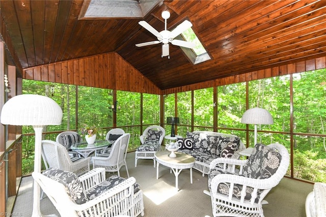 8009 Willow Glen Trl, Greensboro, NC 27455 - sunroom with a skylight, lofted ceiling, an outdoor hangout area, and a ceiling fan