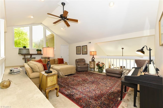 8009 Willow Glen Trl, Greensboro, NC 27455 - living room with ceiling fan, lofted ceiling, plenty of natural light, and light carpet