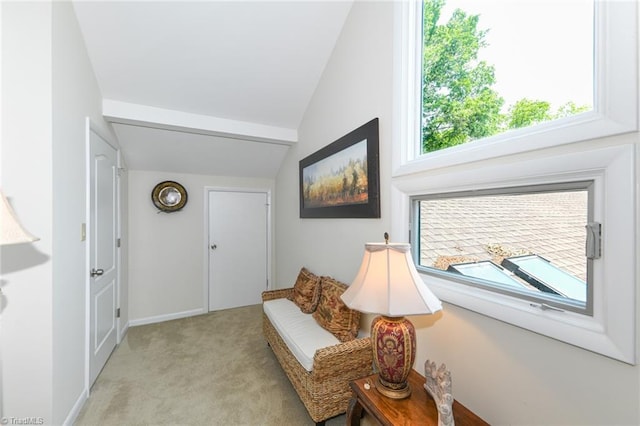 8009 Willow Glen Trl, Greensboro, NC 27455 - living area with light carpet, vaulted ceiling, and baseboards