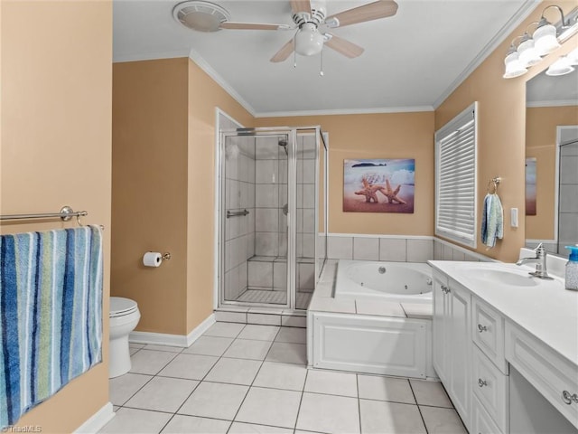 full bathroom with ceiling fan, tile patterned flooring, crown molding, and vanity