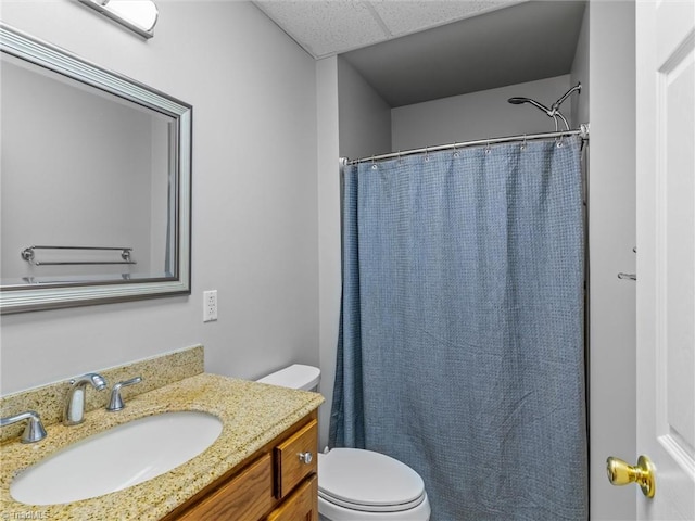 bathroom featuring toilet, vanity, and curtained shower