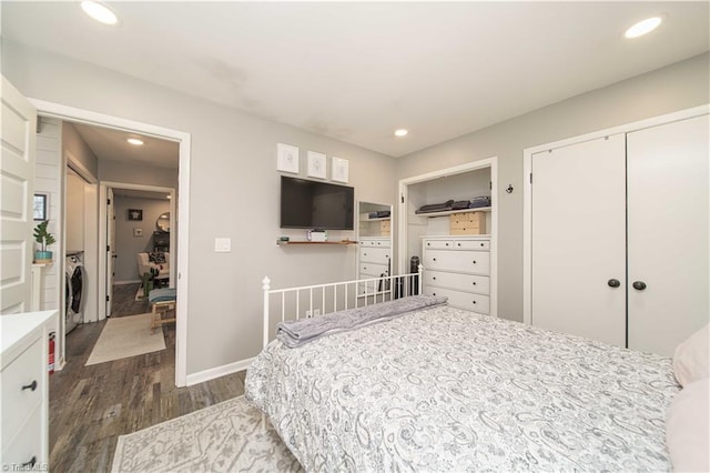 bedroom featuring dark wood-style floors, recessed lighting, washer / clothes dryer, and baseboards