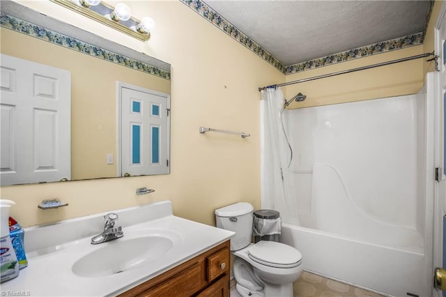 full bathroom with vanity, shower / bath combination with curtain, a textured ceiling, and toilet