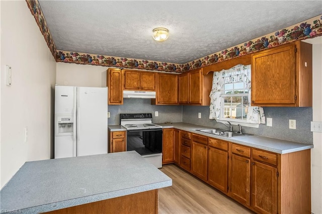 kitchen featuring sink, backsplash, light hardwood / wood-style floors, a textured ceiling, and white appliances