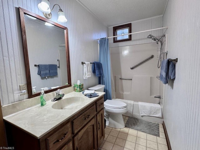 full bathroom with shower / bath combo, a textured ceiling, vanity, tile patterned flooring, and toilet