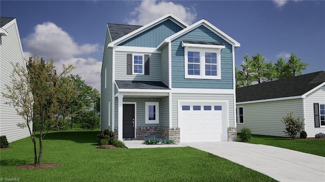 craftsman inspired home with a garage, concrete driveway, board and batten siding, and a front yard