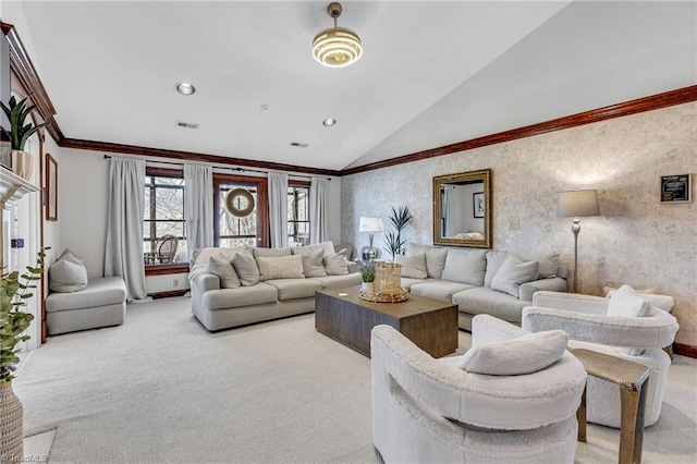 carpeted living room with crown molding and high vaulted ceiling
