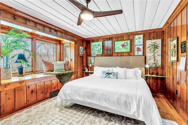bedroom featuring wood ceiling and wood walls