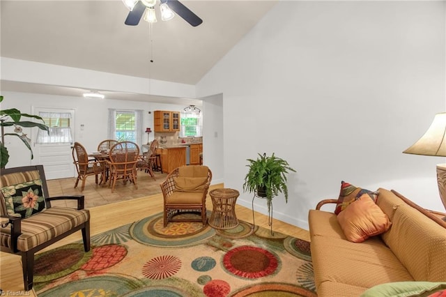 206 Westwood Dr, Kernersville, NC 27284 - living area featuring light wood-style floors, a ceiling fan, and high vaulted ceiling