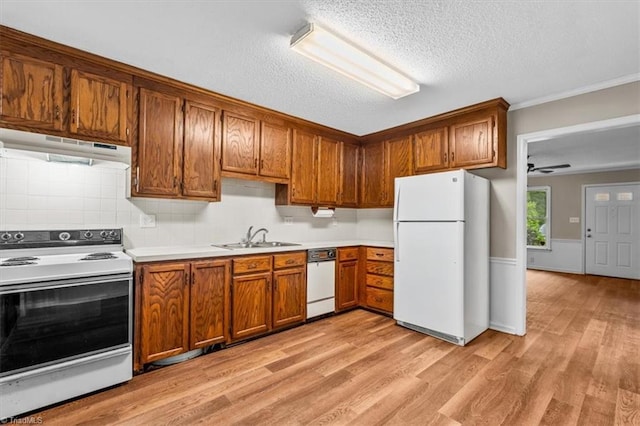 kitchen with a sink, under cabinet range hood, light wood-style floors, brown cabinetry, and white appliances