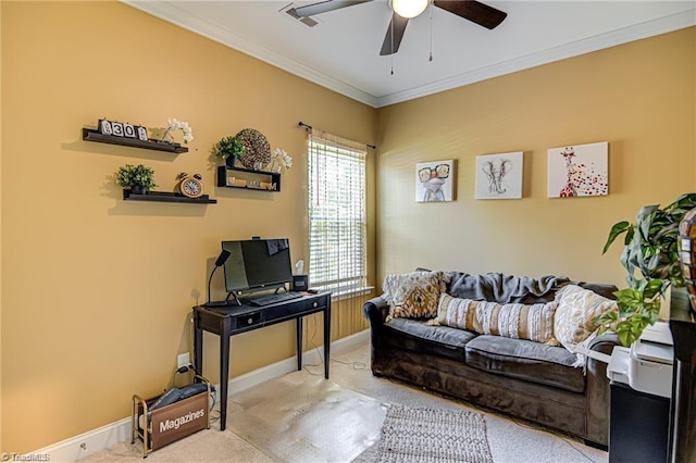 3855 Rutherford Ct, Winston-Salem, NC 27106 - carpeted home office with ceiling fan, crown molding, and baseboards