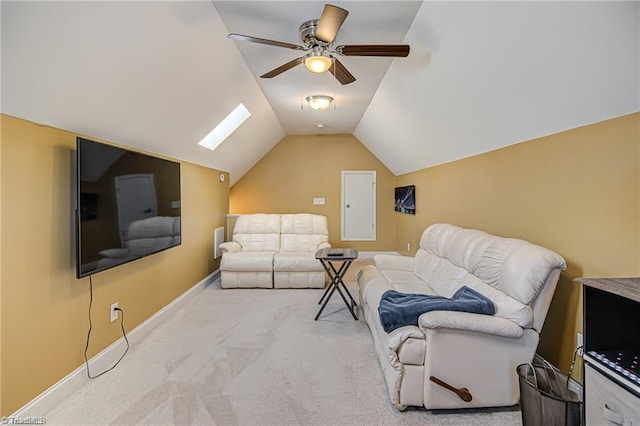 3855 Rutherford Ct, Winston-Salem, NC 27106 - living room featuring ceiling fan, carpet, lofted ceiling, and baseboards