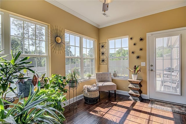 3855 Rutherford Ct, Winston-Salem, NC 27106 - sunroom featuring hardwood / wood-style floors, baseboards, and crown molding