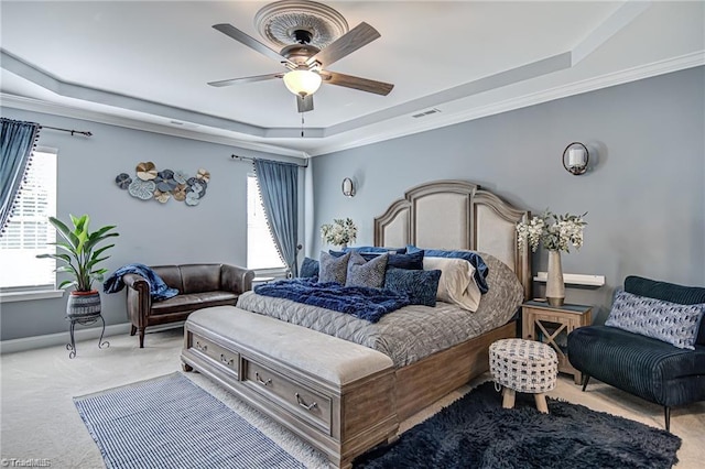 3855 Rutherford Ct, Winston-Salem, NC 27106 - bedroom featuring a tray ceiling, carpet flooring, multiple windows, and baseboards