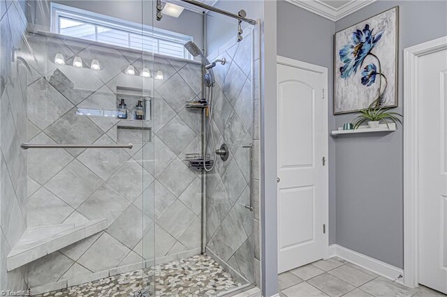 3855 Rutherford Ct, Winston-Salem, NC 27106 - bathroom with a stall shower, ornamental molding, and tile patterned floors
