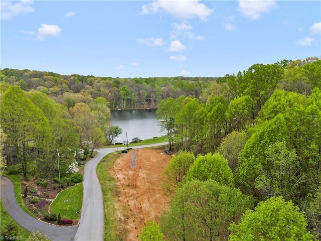 drone / aerial view with a water view and a view of trees