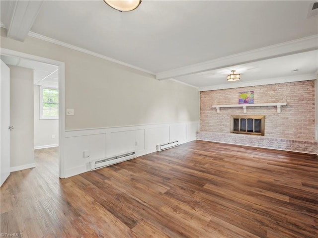 unfurnished living room featuring a brick fireplace, a baseboard radiator, and wood finished floors