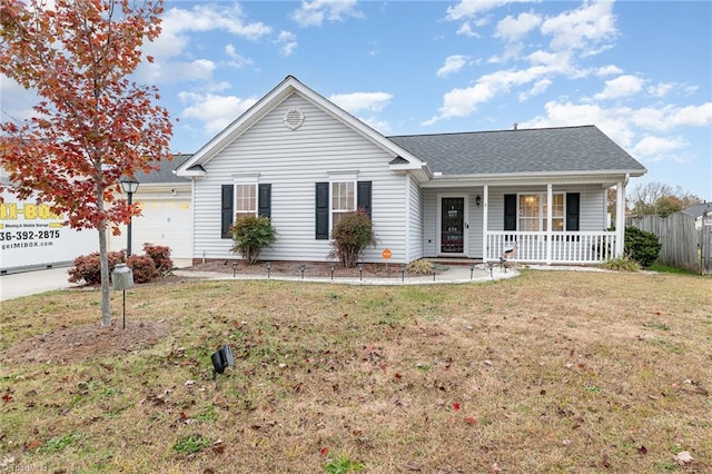 single story home featuring a porch, a garage, and a front lawn