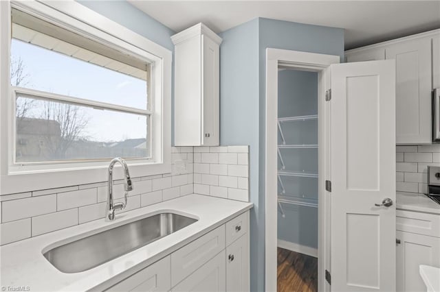 kitchen featuring decorative backsplash, white cabinetry, sink, and wood-type flooring