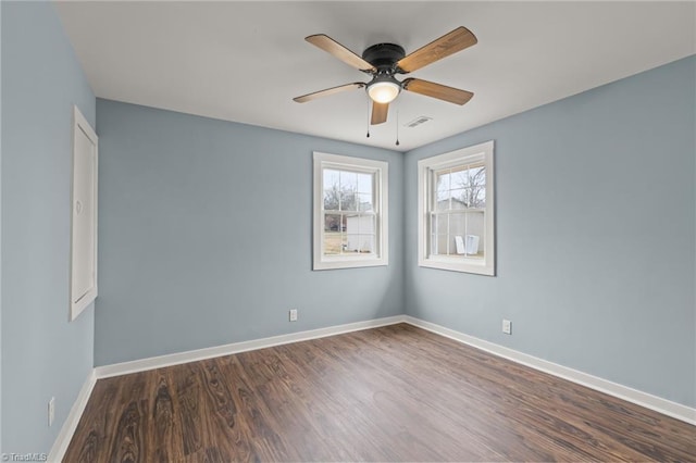 empty room with wood-type flooring and ceiling fan