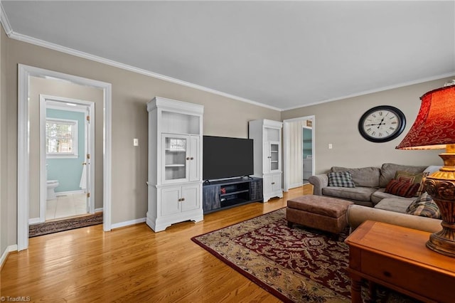 living room featuring ornamental molding and light hardwood / wood-style floors