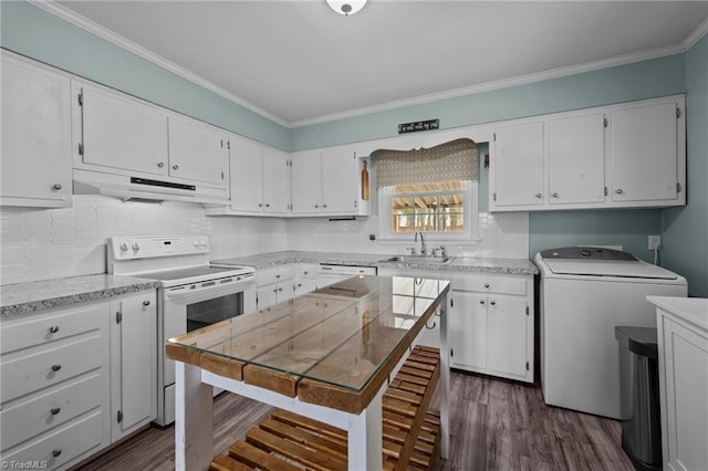 kitchen with sink, crown molding, white appliances, washer / clothes dryer, and white cabinets