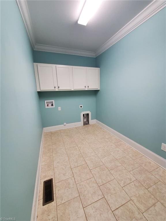 washroom featuring hookup for a washing machine, visible vents, ornamental molding, hookup for an electric dryer, and baseboards