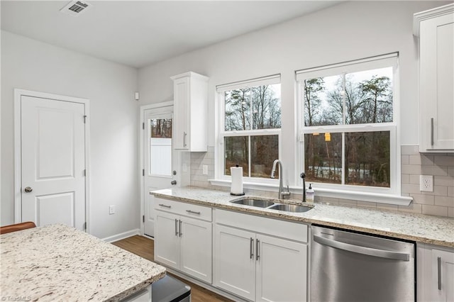 kitchen with white cabinetry, dishwasher, and sink