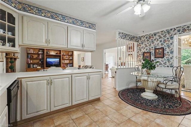 174 Sunny Knoll Ln, Boone, NC 28607 - kitchen with dishwashing machine, a ceiling fan, wallpapered walls, glass insert cabinets, and light countertops