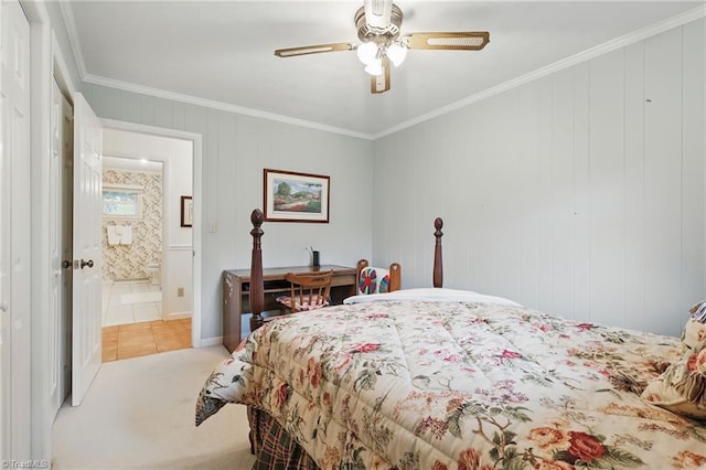 174 Sunny Knoll Ln, Boone, NC 28607 - tiled bedroom featuring ornamental molding, carpet flooring, ceiling fan, and ensuite bathroom