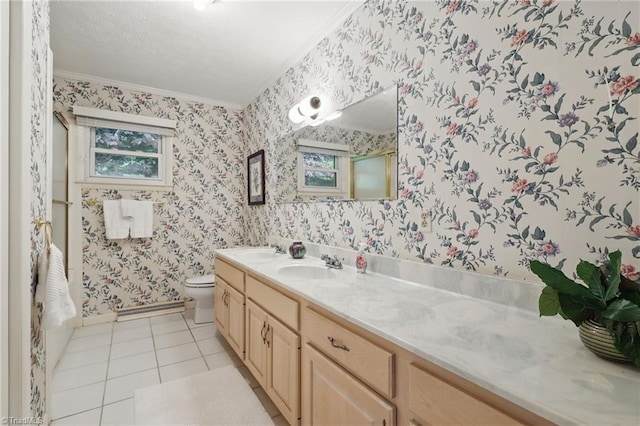 174 Sunny Knoll Ln, Boone, NC 28607 - bathroom featuring crown molding, wallpapered walls, double vanity, tile patterned floors, and an enclosed shower