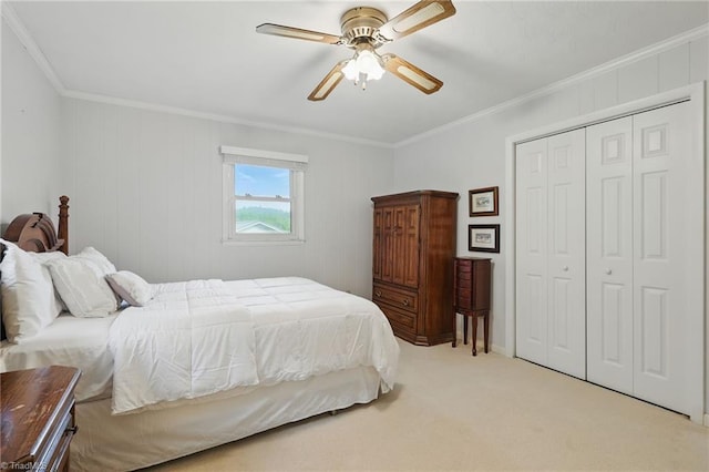 174 Sunny Knoll Ln, Boone, NC 28607 - bedroom with ornamental molding, a closet, light colored carpet, and a ceiling fan