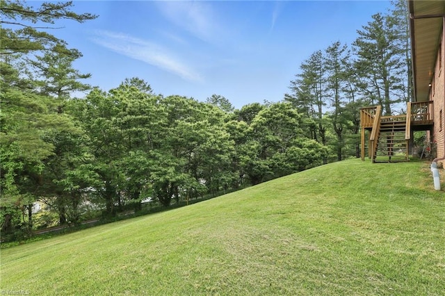 174 Sunny Knoll Ln, Boone, NC 28607 - view of grassy yard featuring stairs and a wooden deck