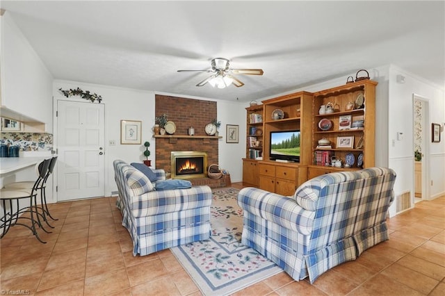 174 Sunny Knoll Ln, Boone, NC 28607 - living area featuring ceiling fan, light tile patterned floors, and a fireplace