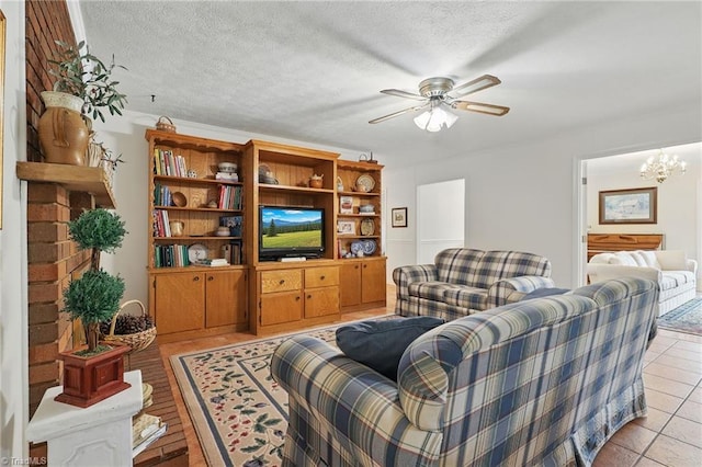 174 Sunny Knoll Ln, Boone, NC 28607 - living area with ceiling fan, a chandelier, a textured ceiling, and light tile patterned floors