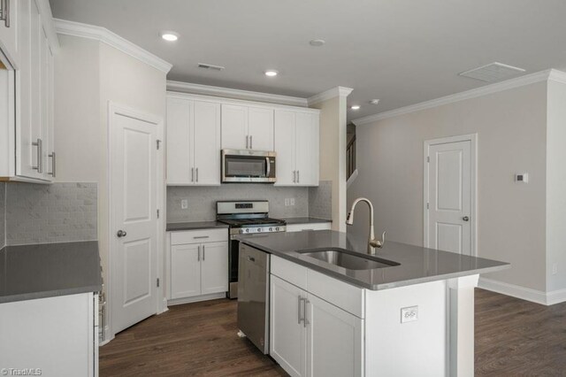 1404 Amberview Ln, Kernersville, NC 27284 - kitchen with crown molding, dark countertops, a sink, appliances with stainless steel finishes, and dark wood-style flooring