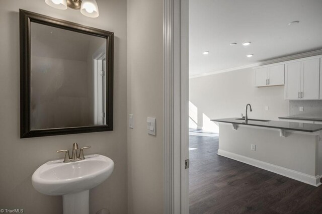 1404 Amberview Ln, Kernersville, NC 27284 - bathroom with wood finished floors, baseboards, ornamental molding, and a sink