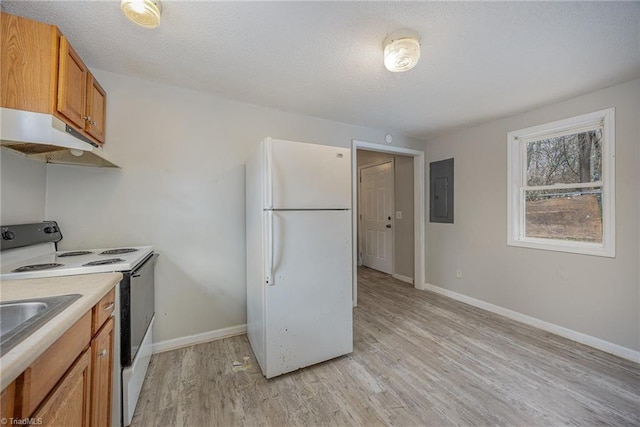 kitchen with electric panel, white appliances, and light hardwood / wood-style flooring