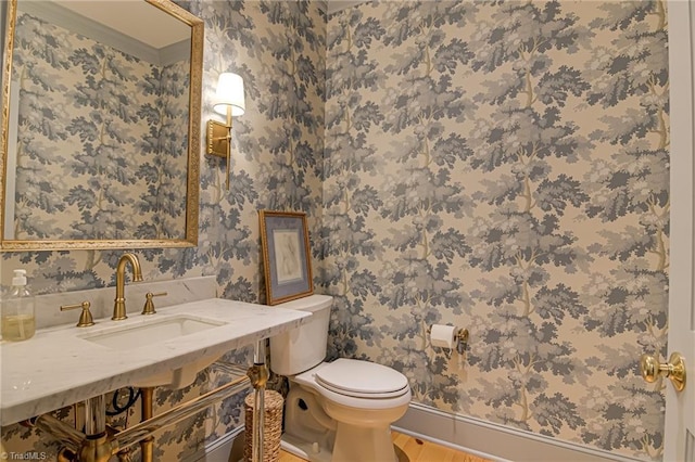 bathroom with wood finished floors, a sink, baseboards, toilet, and wallpapered walls