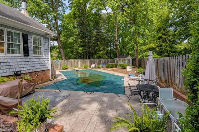 view of swimming pool with a storage shed, a patio area, a fenced in pool, an outdoor structure, and a fenced backyard