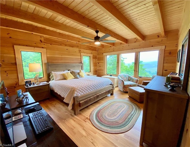 1295 Will Vannoy Rd, West Jefferson, NC 28694 - bedroom with wooden walls, wood finished floors, and a wood ceiling with exposed beams