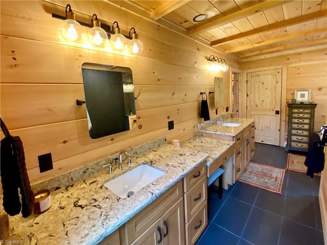 1295 Will Vannoy Rd, West Jefferson, NC 28694 - bathroom with tile patterned floors, vanity, a wooden ceiling with exposed beams, and wooden walls