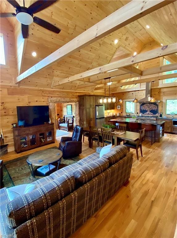 1295 Will Vannoy Rd, West Jefferson, NC 28694 - living area featuring light wood finished floors, high vaulted ceiling, a wooden ceiling with exposed beams, wooden walls, and a ceiling fan