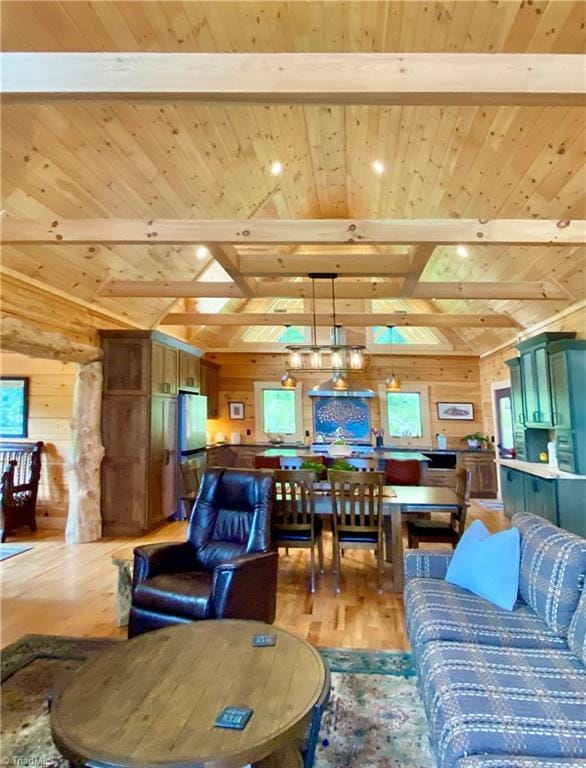 1295 Will Vannoy Rd, West Jefferson, NC 28694 - living room featuring a wooden ceiling with exposed beams, light wood-style floors, wooden walls, and high vaulted ceiling
