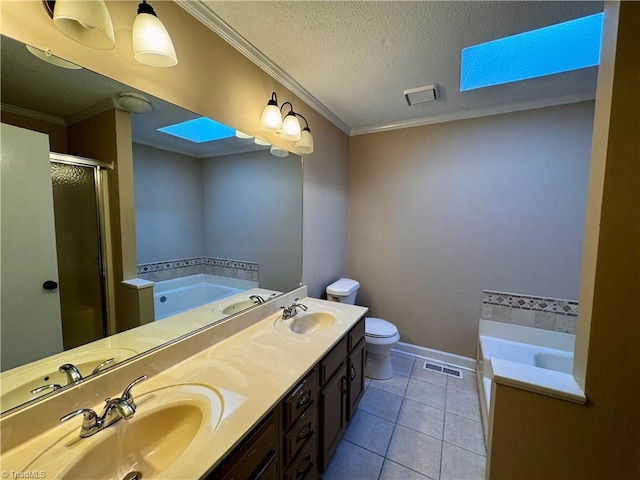 full bathroom with ornamental molding, shower with separate bathtub, tile patterned floors, and toilet