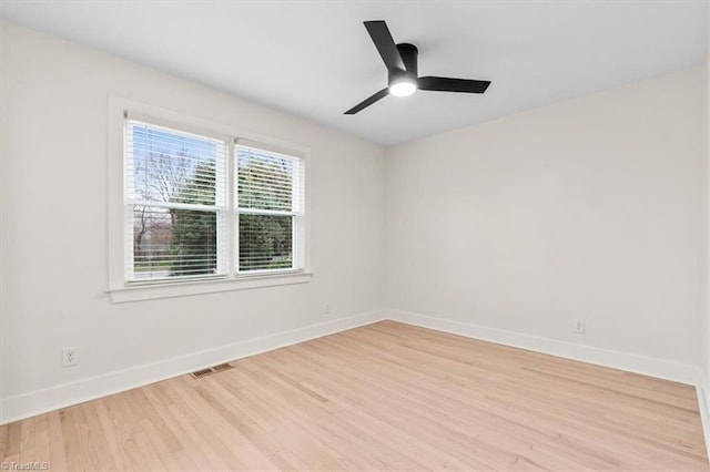 unfurnished room featuring light wood-type flooring and ceiling fan