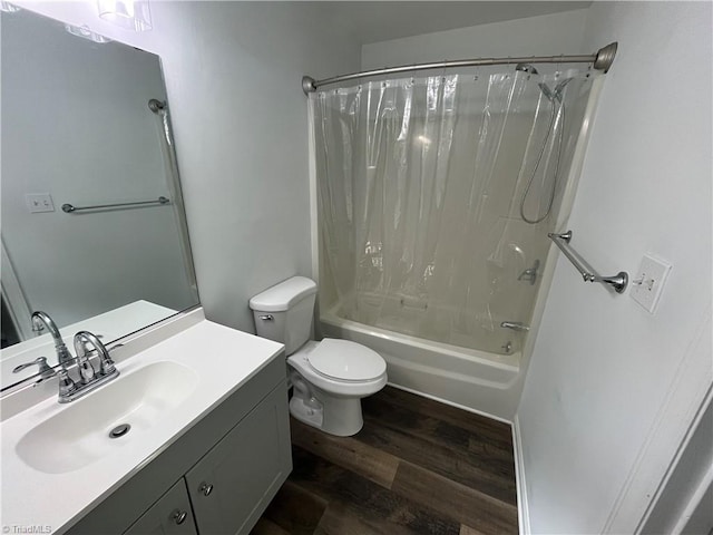 full bathroom featuring shower / tub combo, vanity, toilet, and hardwood / wood-style flooring